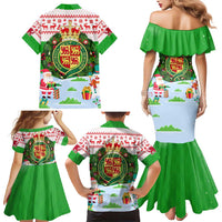 Wales Christmas Family Matching Mermaid Dress and Hawaiian Shirt with Red Dragon Gift and Holiday Crest Snow Scene - Wonder Print Shop