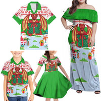 Wales Christmas Family Matching Off Shoulder Maxi Dress and Hawaiian Shirt with Red Dragon Gift and Holiday Crest Snow Scene - Wonder Print Shop