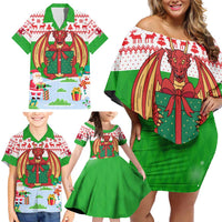 Wales Christmas Family Matching Off Shoulder Short Dress and Hawaiian Shirt with Red Dragon Gift and Holiday Crest Snow Scene - Wonder Print Shop