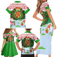 Wales Christmas Family Matching Short Sleeve Bodycon Dress and Hawaiian Shirt with Red Dragon Gift and Holiday Crest Snow Scene - Wonder Print Shop