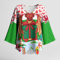 Wales Christmas Kimono Sleeve Blouse with Red Dragon Gift and Holiday Crest Snow Scene - Wonder Print Shop