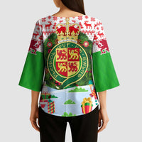 Wales Christmas Kimono Sleeve Blouse with Red Dragon Gift and Holiday Crest Snow Scene - Wonder Print Shop