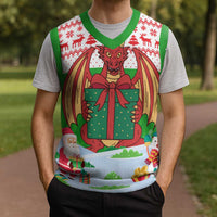 Wales Christmas Knitted V-Neck Vest with Red Dragon Gift and Holiday Crest Snow Scene - Wonder Print Shop