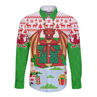 Wales Christmas Long Sleeve Button Shirt with Red Dragon Gift and Holiday Crest Snow Scene - Wonder Print Shop