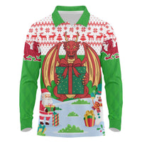 Wales Christmas Long Sleeve Polo Shirt with Red Dragon Gift and Holiday Crest Snow Scene - Wonder Print Shop