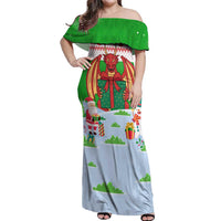 Wales Christmas Off Shoulder Maxi Dress with Red Dragon Gift and Holiday Crest Snow Scene - Wonder Print Shop