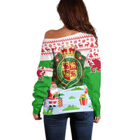 Wales Christmas Off Shoulder Sweater with Red Dragon Gift and Holiday Crest Snow Scene - Wonder Print Shop