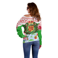 Wales Christmas Off Shoulder Sweater with Red Dragon Gift and Holiday Crest Snow Scene - Wonder Print Shop