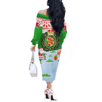 Wales Christmas Off The Shoulder Long Sleeve Dress with Red Dragon Gift and Holiday Crest Snow Scene - Wonder Print Shop