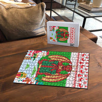 Wales Christmas Puzzle with Red Dragon Gift and Holiday Crest Snow Scene - Wonder Print Shop