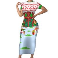 Wales Christmas Short Sleeve Bodycon Dress with Red Dragon Gift and Holiday Crest Snow Scene - Wonder Print Shop