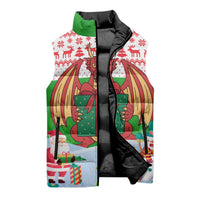 Wales Christmas Sleeveless Puffer Jacket with Red Dragon Gift and Holiday Crest Snow Scene - Wonder Print Shop
