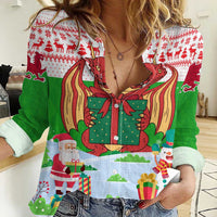Wales Christmas Women Casual Shirt with Red Dragon Gift and Holiday Crest Snow Scene - Wonder Print Shop