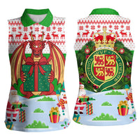 Wales Christmas Women Sleeveless Polo Shirt with Red Dragon Gift and Holiday Crest Snow Scene - Wonder Print Shop