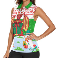 Wales Christmas Women Sleeveless Polo Shirt with Red Dragon Gift and Holiday Crest Snow Scene - Wonder Print Shop