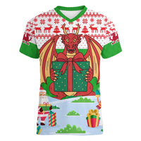 Wales Christmas Women V-Neck T-Shirt with Red Dragon Gift and Holiday Crest Snow Scene - Wonder Print Shop