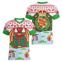Wales Christmas Women V-Neck T-Shirt with Red Dragon Gift and Holiday Crest Snow Scene - Wonder Print Shop