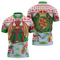 Wales Christmas Zipper Polo Shirt with Red Dragon Gift and Holiday Crest Snow Scene - Wonder Print Shop