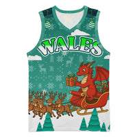 Wales Christmas Basketball Jersey with Red Dragon Santa Sleigh and Festive Green Snowflake - Wonder Print Shop
