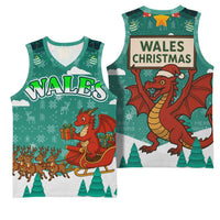 Wales Christmas Basketball Jersey with Red Dragon Santa Sleigh and Festive Green Snowflake - Wonder Print Shop