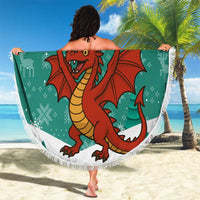 Wales Christmas Beach Blanket with Red Dragon Santa Sleigh and Festive Green Snowflake - Wonder Print Shop