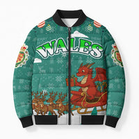 Wales Christmas Bomber Puffer Jacket with Red Dragon Santa Sleigh and Festive Green Snowflake - Wonder Print Shop