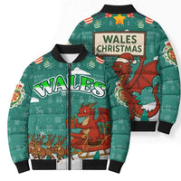 Wales Christmas Bomber Puffer Jacket with Red Dragon Santa Sleigh and Festive Green Snowflake - Wonder Print Shop