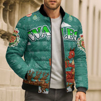 Wales Christmas Bomber Puffer Jacket with Red Dragon Santa Sleigh and Festive Green Snowflake - Wonder Print Shop