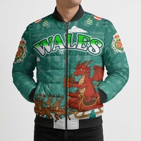 Wales Christmas Bomber Puffer Jacket with Red Dragon Santa Sleigh and Festive Green Snowflake - Wonder Print Shop