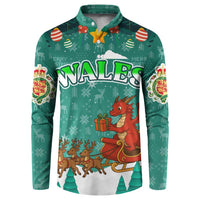 Wales Christmas Button Sweatshirt with Red Dragon Santa Sleigh and Festive Green Snowflake - Wonder Print Shop