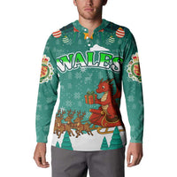 Wales Christmas Button Sweatshirt with Red Dragon Santa Sleigh and Festive Green Snowflake - Wonder Print Shop