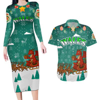 Wales Christmas Couples Matching Long Sleeve Bodycon Dress and Hawaiian Shirt with Red Dragon Santa Sleigh and Festive Green Snowflake - Wonder Print Shop