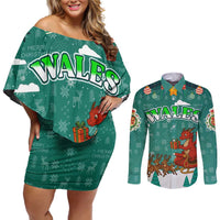 Wales Christmas Couples Matching Off Shoulder Short Dress and Long Sleeve Button Shirt with Red Dragon Santa Sleigh and Festive Green Snowflake - Wonder Print Shop