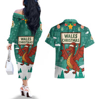Wales Christmas Couples Matching Off The Shoulder Long Sleeve Dress and Hawaiian Shirt with Red Dragon Santa Sleigh and Festive Green Snowflake - Wonder Print Shop