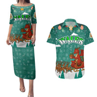 Wales Christmas Couples Matching Puletasi and Hawaiian Shirt with Red Dragon Santa Sleigh and Festive Green Snowflake - Wonder Print Shop