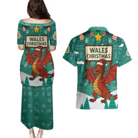 Wales Christmas Couples Matching Puletasi and Hawaiian Shirt with Red Dragon Santa Sleigh and Festive Green Snowflake - Wonder Print Shop