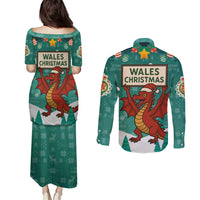 Wales Christmas Couples Matching Puletasi and Long Sleeve Button Shirt with Red Dragon Santa Sleigh and Festive Green Snowflake - Wonder Print Shop