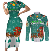 Wales Christmas Couples Matching Short Sleeve Bodycon Dress and Long Sleeve Button Shirt with Red Dragon Santa Sleigh and Festive Green Snowflake - Wonder Print Shop