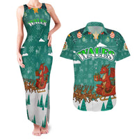 Wales Christmas Couples Matching Tank Maxi Dress and Hawaiian Shirt with Red Dragon Santa Sleigh and Festive Green Snowflake - Wonder Print Shop