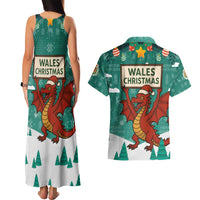 Wales Christmas Couples Matching Tank Maxi Dress and Hawaiian Shirt with Red Dragon Santa Sleigh and Festive Green Snowflake - Wonder Print Shop