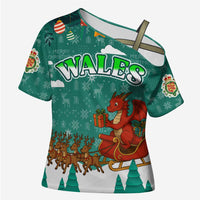 Wales Christmas Cross Shoulder Shirt with Red Dragon Santa Sleigh and Festive Green Snowflake - Wonder Print Shop