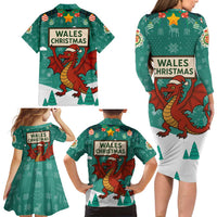 Wales Christmas Family Matching Long Sleeve Bodycon Dress and Hawaiian Shirt with Red Dragon Santa Sleigh and Festive Green Snowflake - Wonder Print Shop