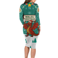 Wales Christmas Family Matching Long Sleeve Bodycon Dress and Hawaiian Shirt with Red Dragon Santa Sleigh and Festive Green Snowflake - Wonder Print Shop