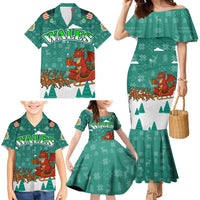 Wales Christmas Family Matching Mermaid Dress and Hawaiian Shirt with Red Dragon Santa Sleigh and Festive Green Snowflake - Wonder Print Shop