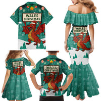 Wales Christmas Family Matching Mermaid Dress and Hawaiian Shirt with Red Dragon Santa Sleigh and Festive Green Snowflake - Wonder Print Shop