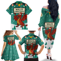 Wales Christmas Family Matching Off The Shoulder Long Sleeve Dress and Hawaiian Shirt with Red Dragon Santa Sleigh and Festive Green Snowflake - Wonder Print Shop