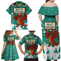 Wales Christmas Family Matching Off Shoulder Maxi Dress and Hawaiian Shirt with Red Dragon Santa Sleigh and Festive Green Snowflake - Wonder Print Shop