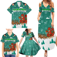 Wales Christmas Family Matching Summer Maxi Dress and Hawaiian Shirt with Red Dragon Santa Sleigh and Festive Green Snowflake - Wonder Print Shop