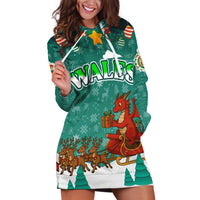 Wales Christmas Hoodie Dress with Red Dragon Santa Sleigh and Festive Green Snowflake - Wonder Print Shop