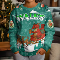 Wales Christmas Kid Ugly Christmas Sweater with Red Dragon Santa Sleigh and Festive Green Snowflake - Wonder Print Shop